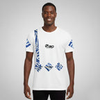 White tee with colorful Kente-inspired geometric patterns
