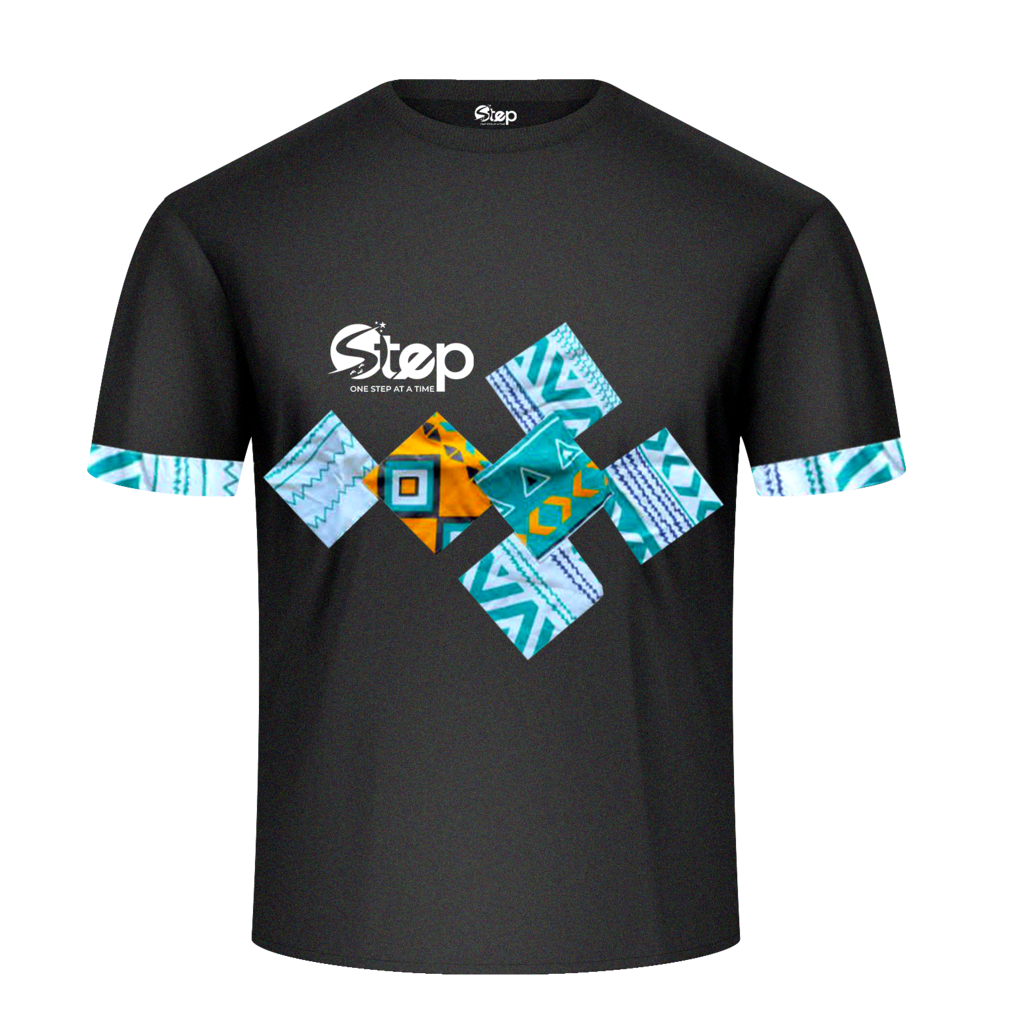 Black T-shirt – Blue & Orange Tribal Squares