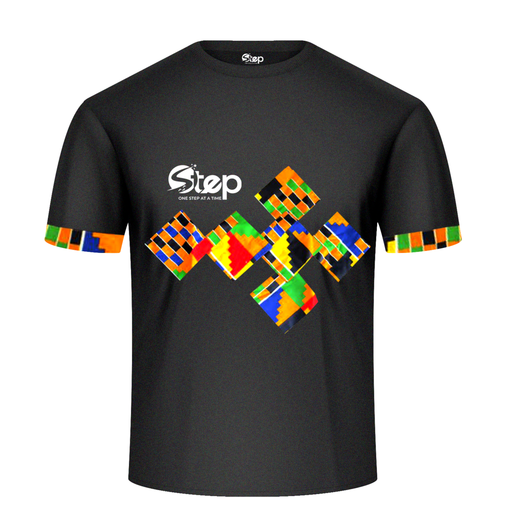 Black T-shirt – Blue & Orange Tribal Squares