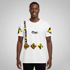 White tee with colorful Kente-inspired geometric patterns