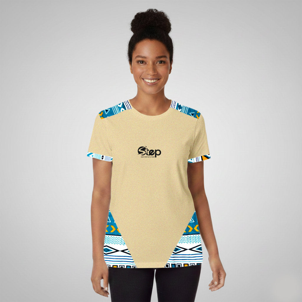 Light Beige T-shirt with Blue Tribal Print