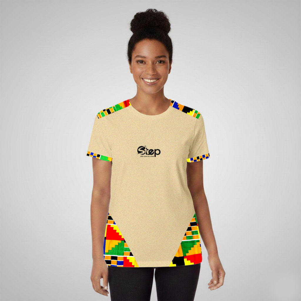 Light Beige T-shirt with Blue Tribal Print