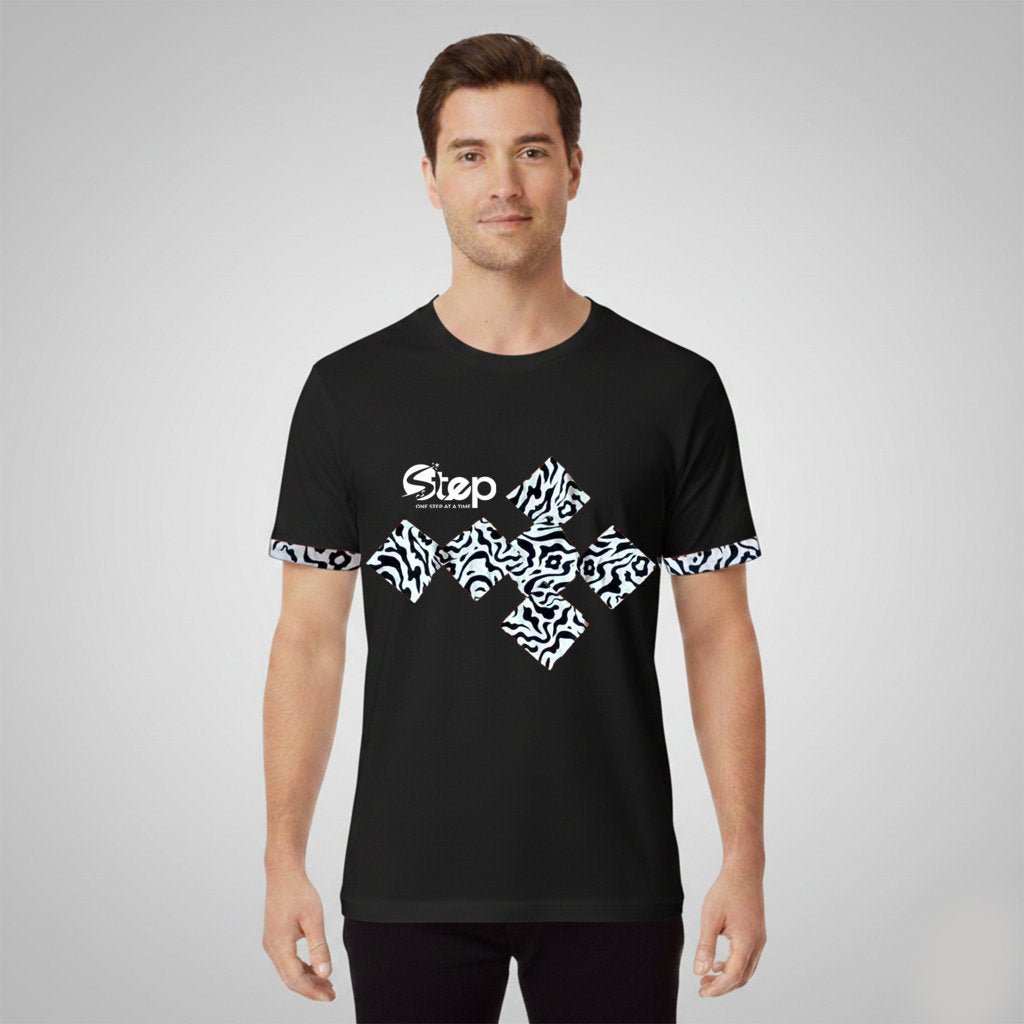 Black T-shirt – Blue & Orange Tribal Squares