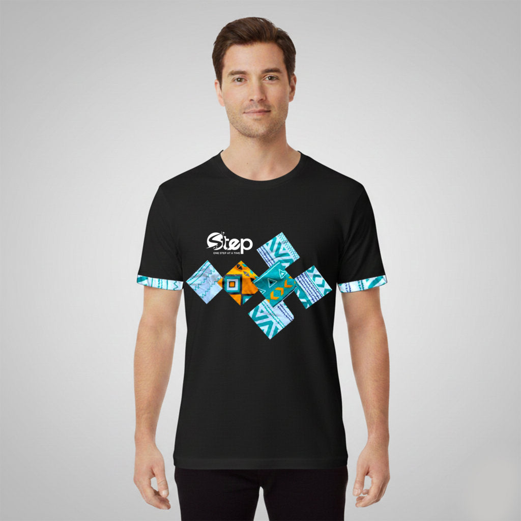 Black T-shirt – Blue & Orange Tribal Squares