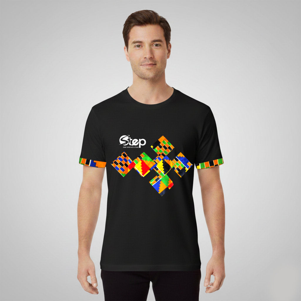 Black T-shirt – Blue & Orange Tribal Squares