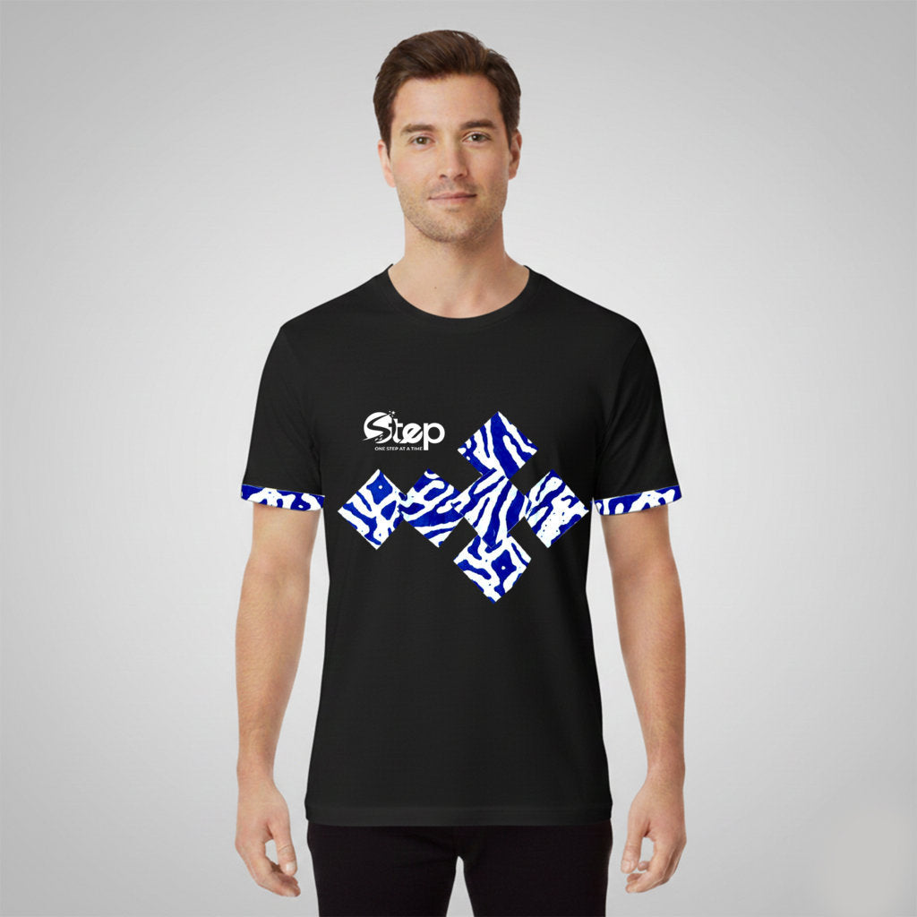 Black T-shirt – Blue & Orange Tribal Squares