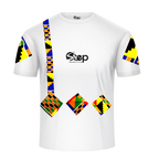 White tee with colorful Kente-inspired geometric patterns