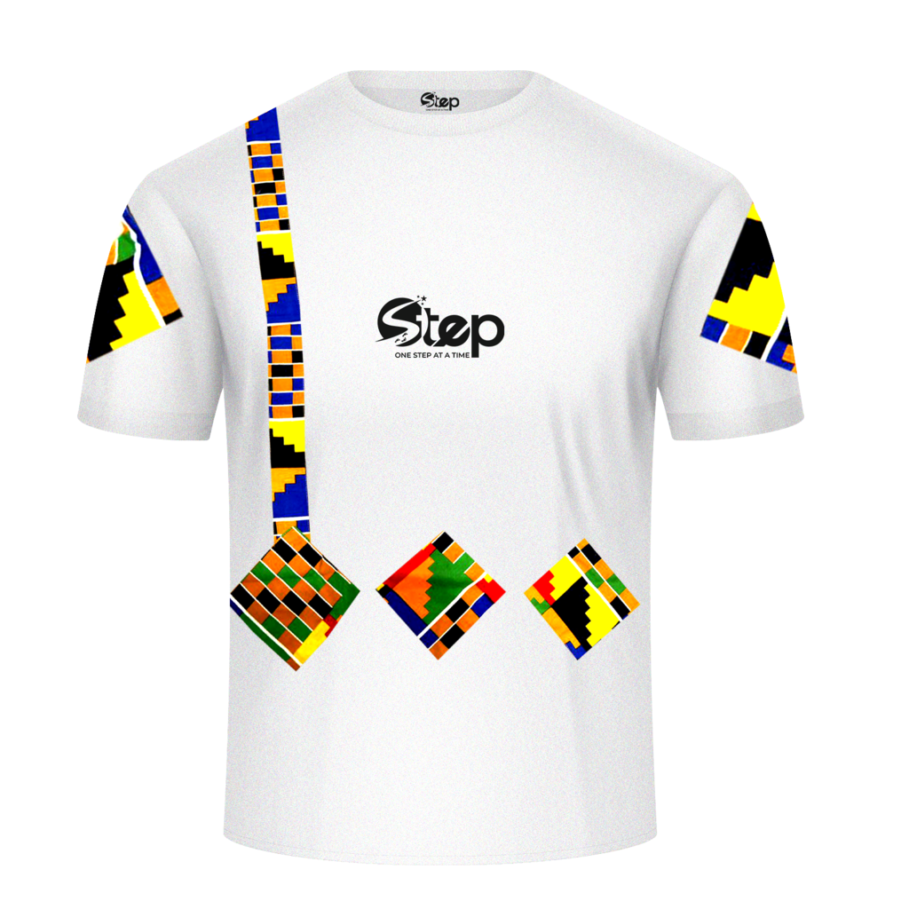 White tee with colorful Kente-inspired geometric patterns