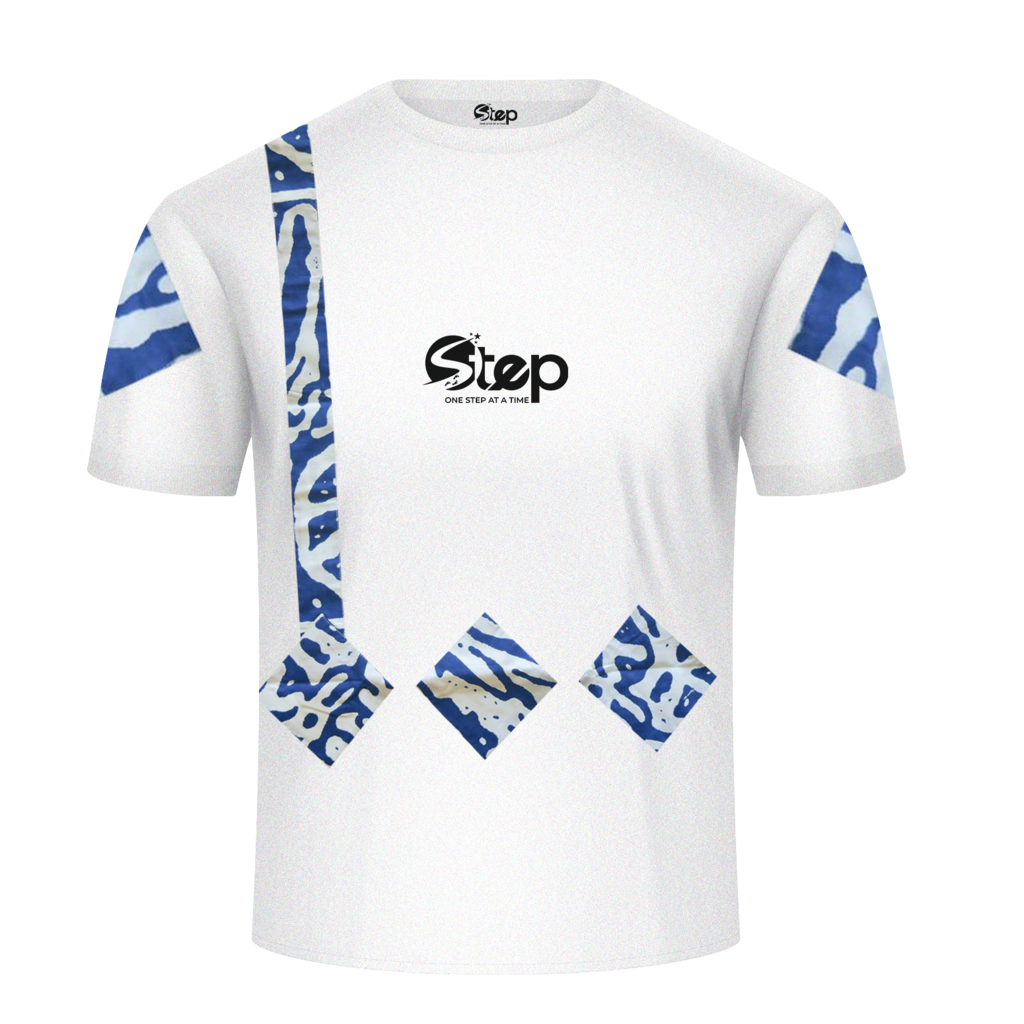 White tee with colorful Kente-inspired geometric patterns