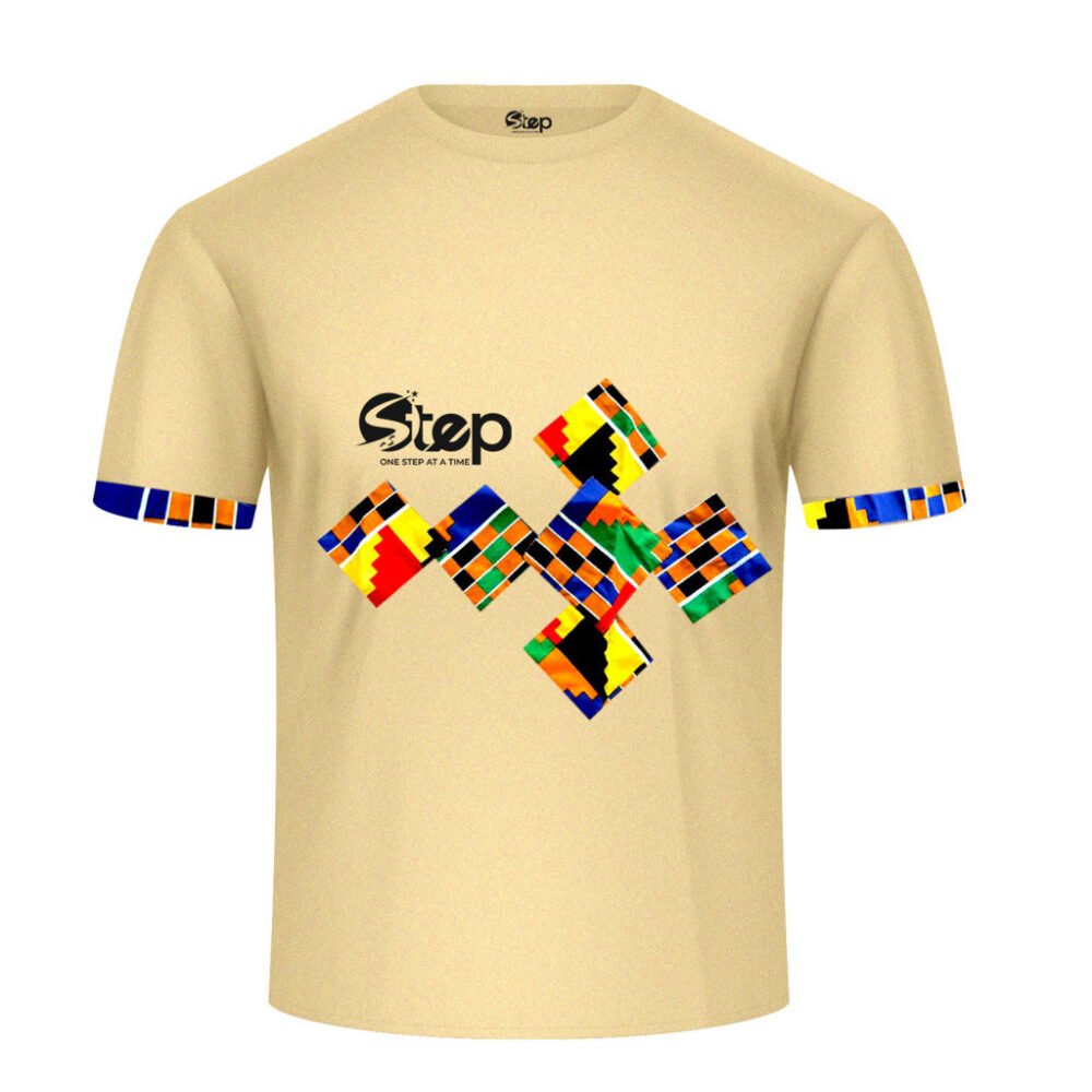 Beige & Blue Abstract Print T-Shirt – STEP - Image 3