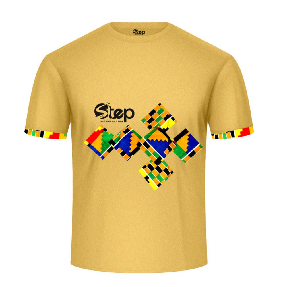 Dark Beige T-shirt – Blue & Orange Tribal Squares - Image 3