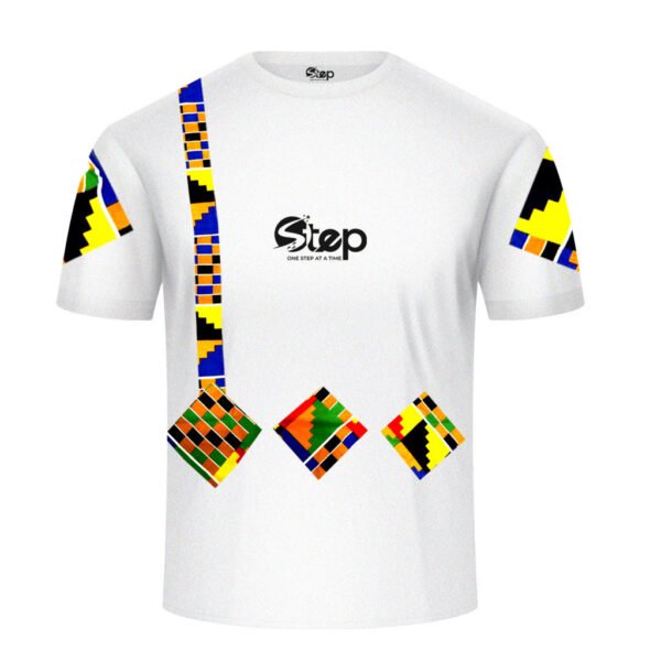 White tee with colorful Kente-inspired geometric patterns
