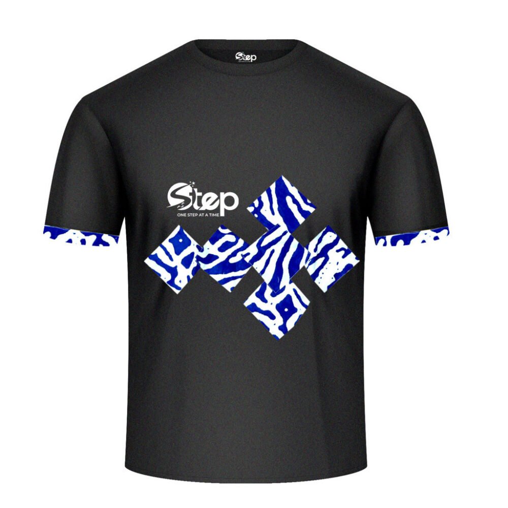 Black T-shirt – Blue & Orange Tribal Squares - Image 4