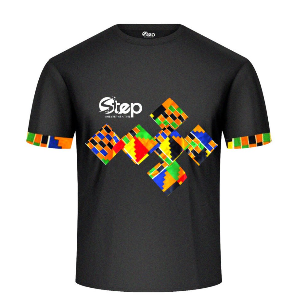Black T-shirt – Blue & Orange Tribal Squares - Image 5