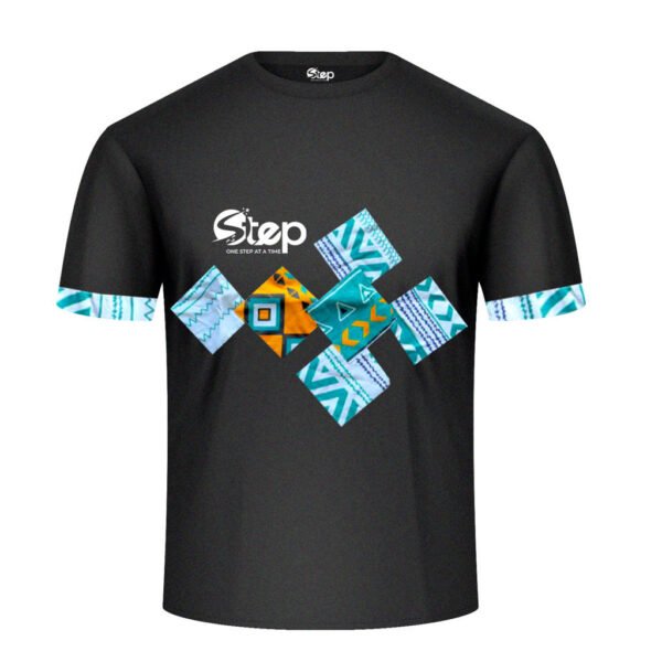 Black T-shirt – Blue & Orange Tribal Squares